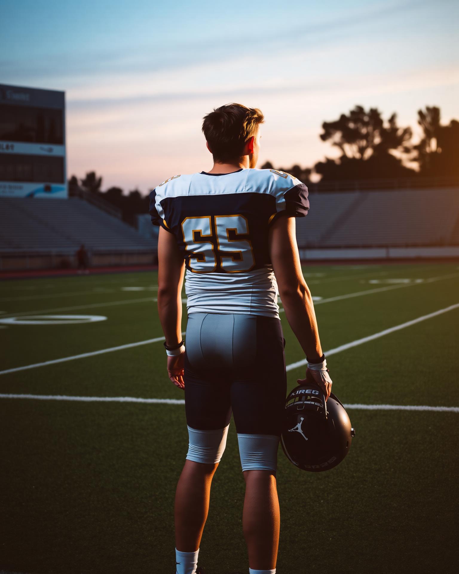 High school football player on the field at golden hour